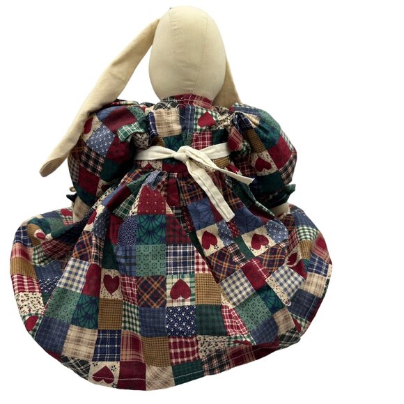 Handmade Patchwork Bunny Doll With Three Baby Bunnies In Apron 18" Plush Decor - Picture 5 of 13